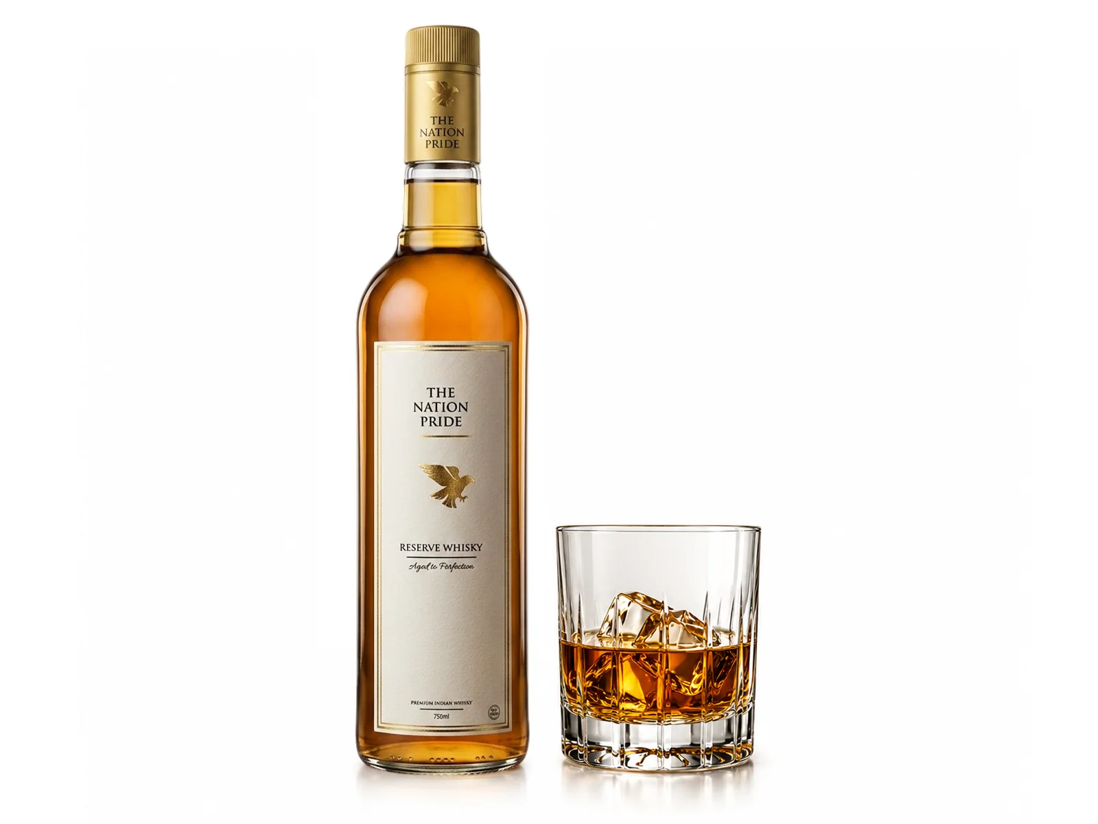 A bottle of 'The Nation Pride Reserve Whisky' and a glass with ice are shown against a white background