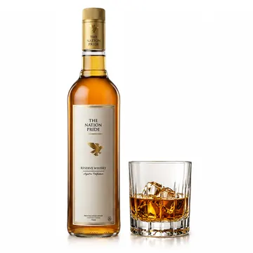 A bottle of 'The Nation Pride Reserve Whisky' and a glass with ice are shown against a white background