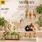 Modern home decor shelf with golden figurines ceramic vases and potted plants under warm lighting