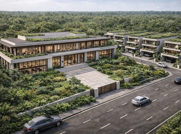 Modern buildings with green roofs and gardens beside a road with cars near a forest