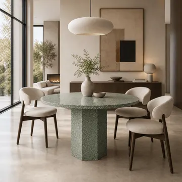 Modern dining area with green terrazzo table and beige chairs under pendant light