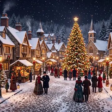 A festive, snow-covered village square at night, featuring a large decorated Christmas tree, illuminated buildings, and people in period clothing walk