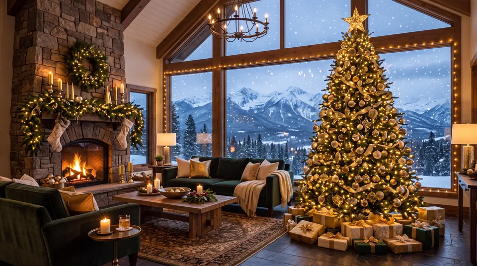 A cozy, AI-generated Christmas living room with a decorated tree, fireplace, and snowy mountain view through large windows