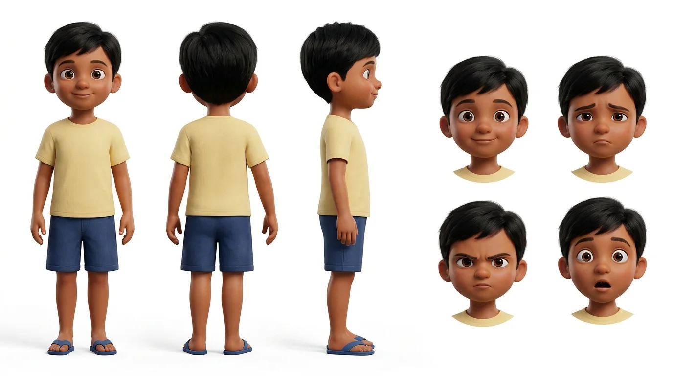 3D animated boy character with multiple views and facial expressions
