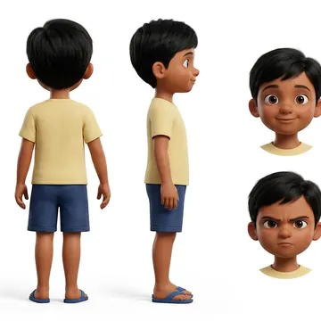 3D animated boy character with multiple views and facial expressions