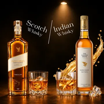 Two whisky bottles with glasses of ice and golden splash under spotlight on dark wood