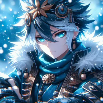 A youthful anime warrior with silver hair and glowing blue eyes wears ornate blue armor with white fur trim against a snowy backdrop