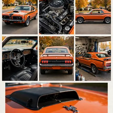 Orange 1969 Mercury Cougar Eliminator muscle car with black stripes in various views including engine interior and garage