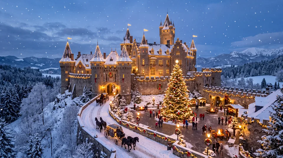 A snow-covered castle at night, illuminated with festive lights, surrounded by a Christmas tree, people, and horse-drawn carriages
