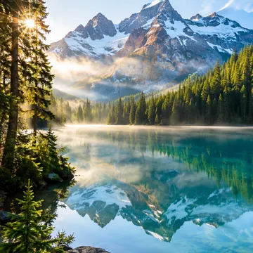 Sunlight filters through pine trees over a misty lake reflecting snowcapped mountains and blue sky
