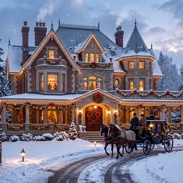 A large, snow-covered Victorian-style house decorated with Christmas lights and garlands, with a horse-drawn carriage approaching on a snowy path