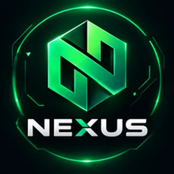 A glowing green geometric logo with the word nexus in bold white letters on a dark background
