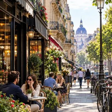 Parisian street scene with café patrons, bicycles, and a distant dome under bright sunlight