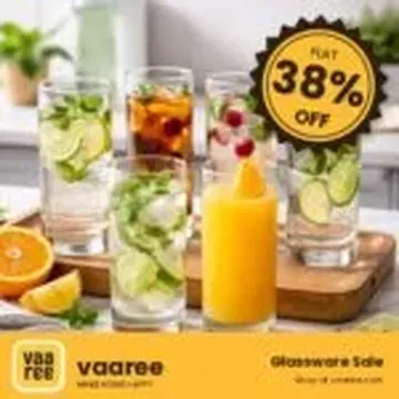 Six glasses of colorful drinks with citrus and herbs on a wooden tray with sale sticker