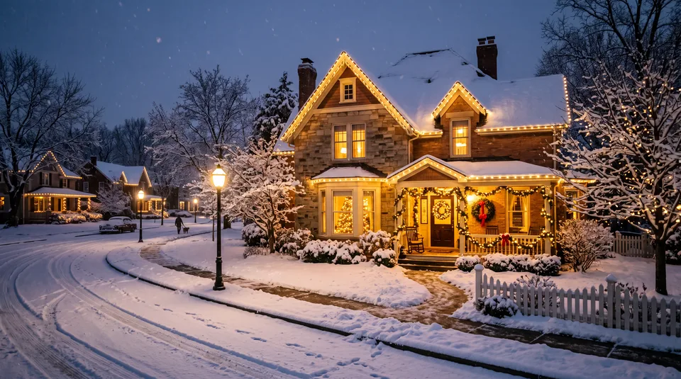 A snow-covered suburban house at night, decorated with festive lights and a wreath, with a white picket fence and snow-laden trees in the foreground