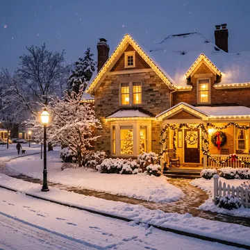 A snow-covered suburban house at night, decorated with festive lights and a wreath, with a white picket fence and snow-laden trees in the foreground
