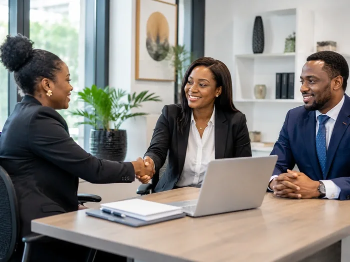 Three business professionals shaking hands at a modern office desk with laptop and documents