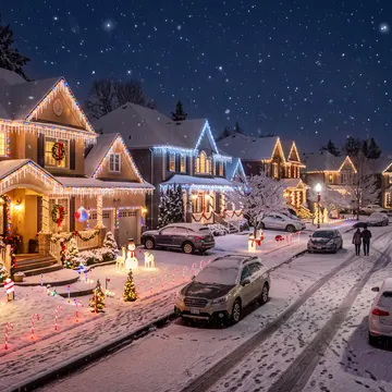 A snow-covered suburban street at night, decorated with festive Christmas lights, wreaths, and illuminated figures on lawns, with parked cars and two