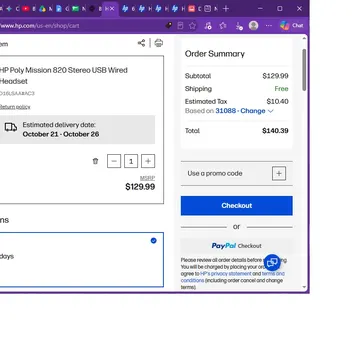 HP shopping cart page showing headset purchase with total price and delivery options