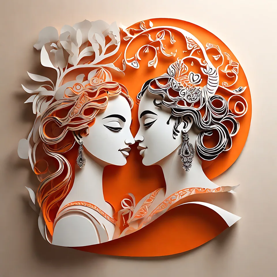 A stylized paper-cut art piece depicting two women in profile facing each other, adorned with intricate patterns and jewelry against an orange circula
