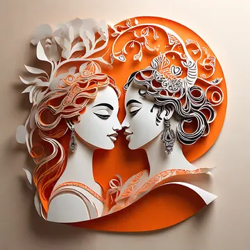 A stylized paper-cut art piece depicting two women in profile facing each other, adorned with intricate patterns and jewelry against an orange circula