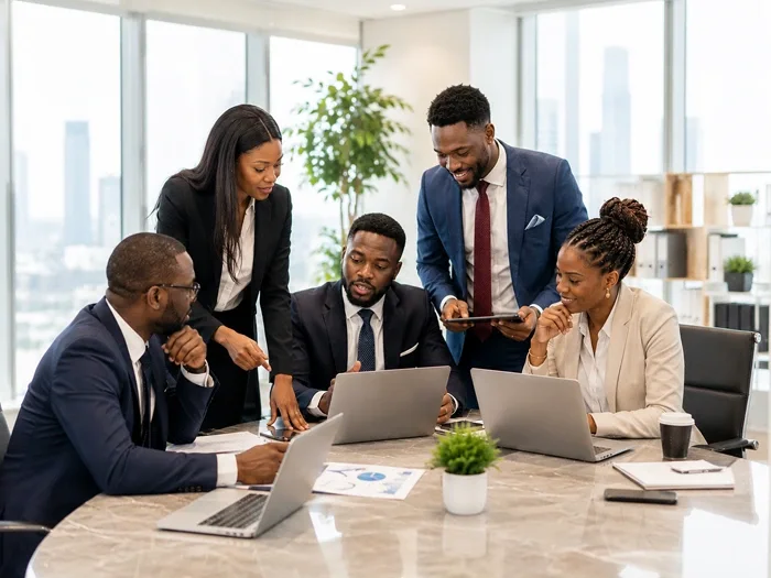 Diverse business team collaborating around a marble table with laptops and tablets in a modern office
