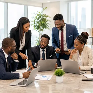 Diverse business team collaborating around a marble table with laptops and tablets in a modern office