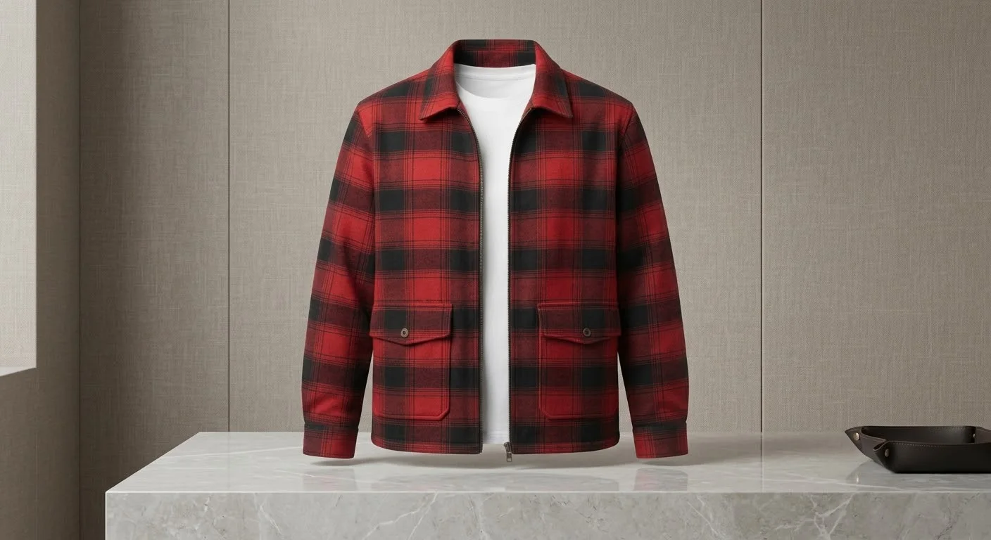 Red and black plaid jacket displayed on marble pedestal with white tee and leather tray nearby