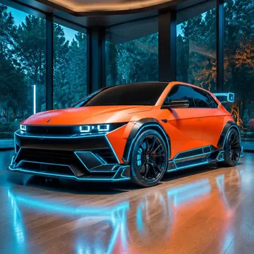 A bright orange futuristic car with glowing blue accents is displayed indoors on a wooden floor, with large windows showing trees outside