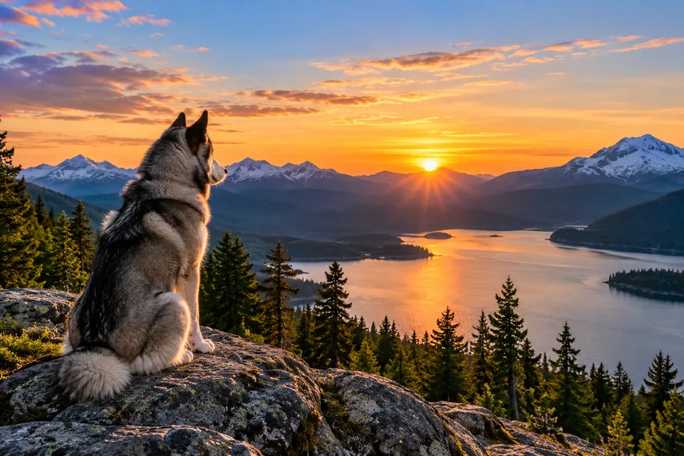Husky dog sitting on rocks watching sunset over mountain lake and forest