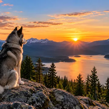 Husky dog sitting on rocks watching sunset over mountain lake and forest