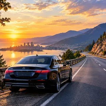Black Mercedes S500 parked on scenic coastal road at golden sunset overlooking city and mountains