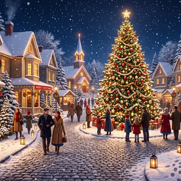 A festive, snow-covered Christmas village at night with illuminated buildings, a large decorated tree, and people walking around