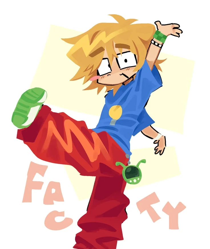 Cartoon boy in blue shirt and red pants kicking high with green sneakers and wristband