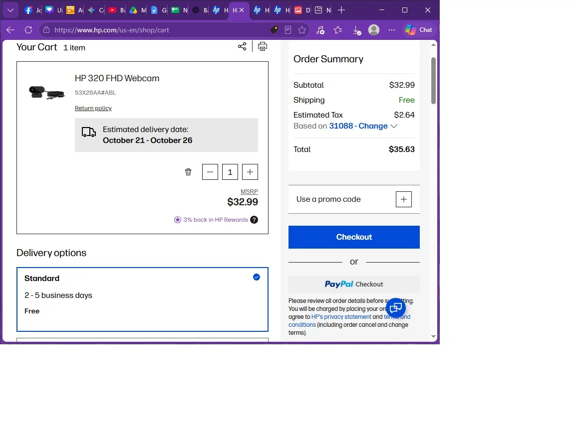 HP 320 FHD Webcam shopping cart with price delivery and checkout options on HP website