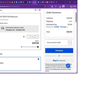 HP 320 FHD Webcam shopping cart with price delivery and checkout options on HP website