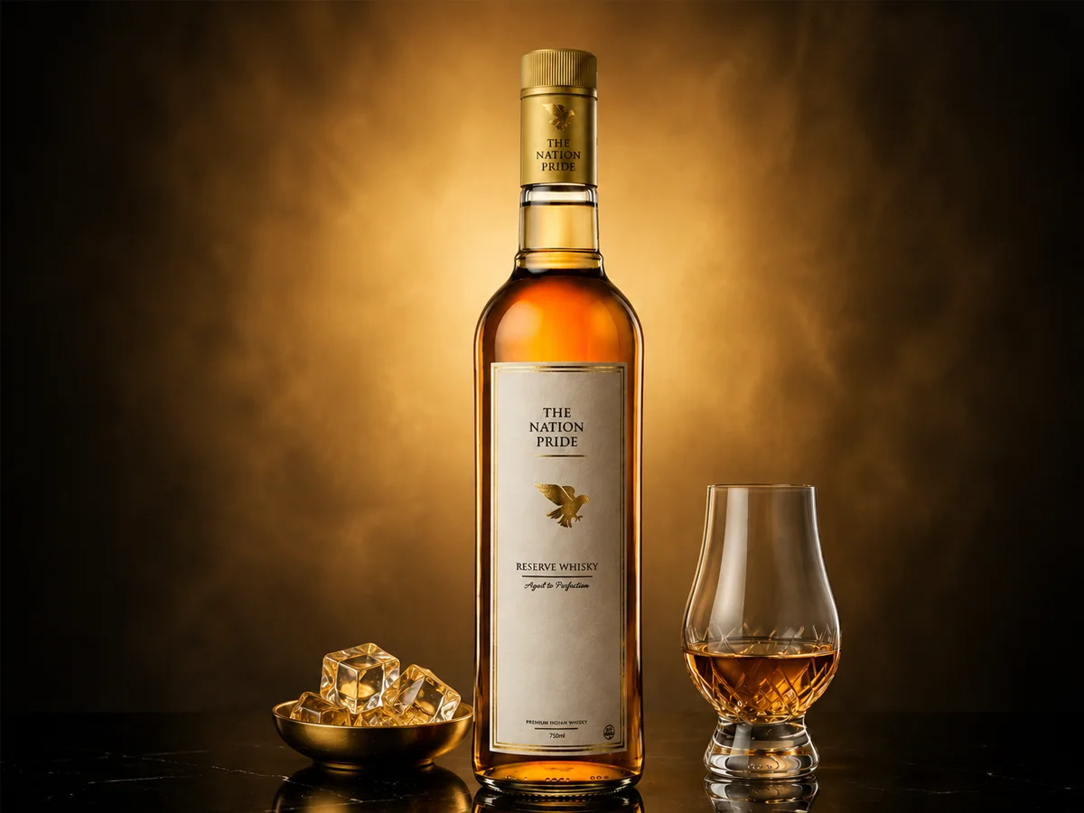 A bottle of 'The Nation Pride' reserve whisky, a glass of whisky, and ice cubes are arranged on a dark surface against a warm, smoky background
