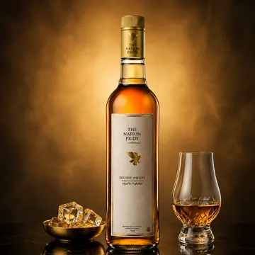 A bottle of 'The Nation Pride' reserve whisky, a glass of whisky, and ice cubes are arranged on a dark surface against a warm, smoky background