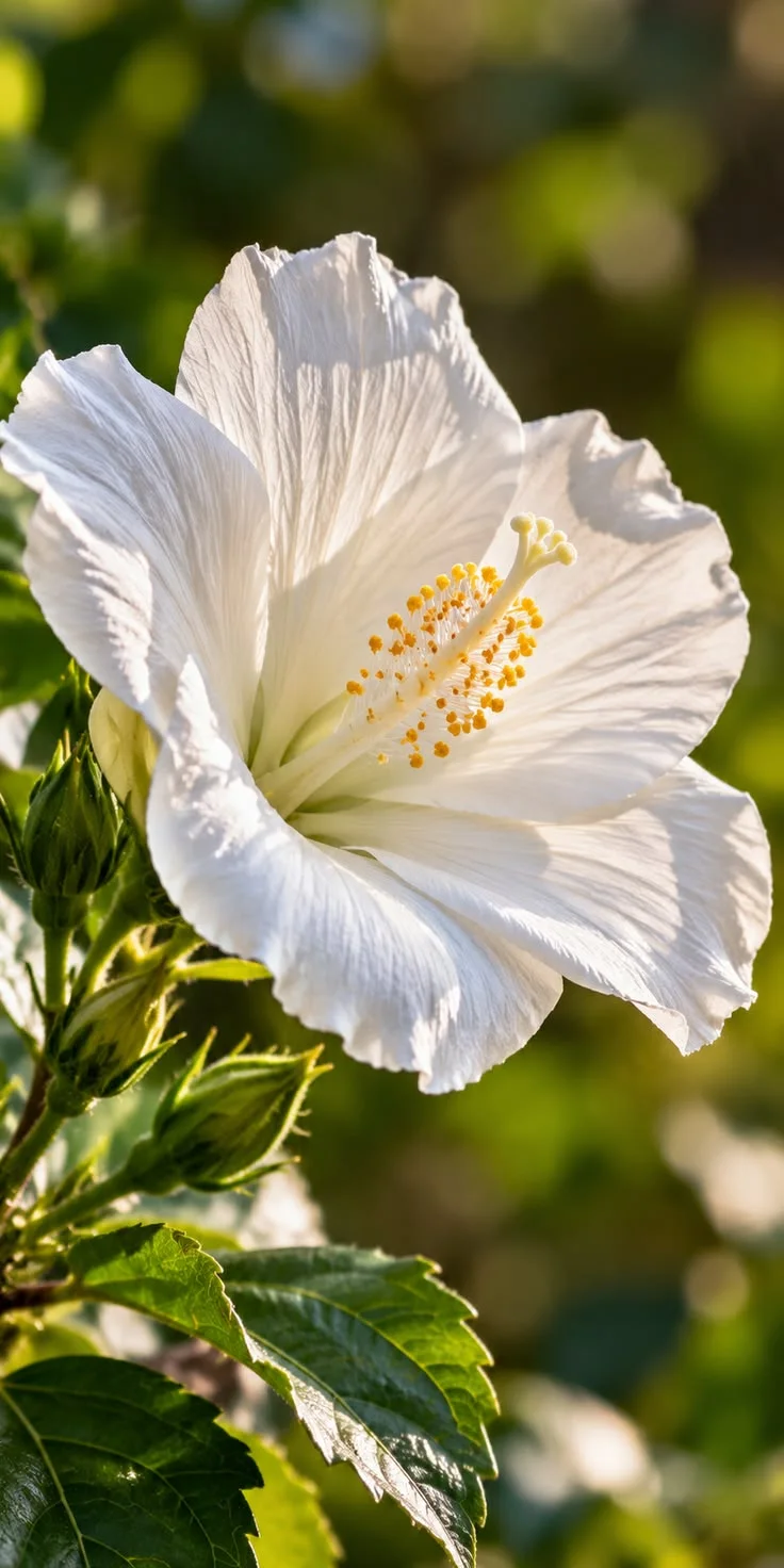 A white hibiscus flower with yellow stamens and green leaves in sunlight