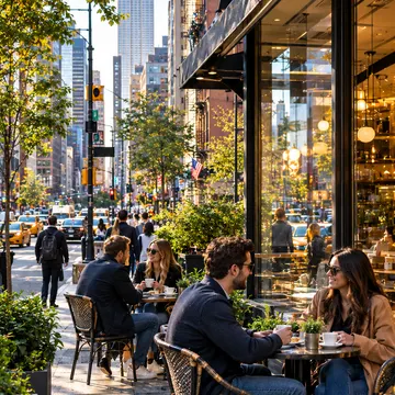 People sitting at outdoor cafe tables on a sunny New York City sidewalk near the Empire State Building
