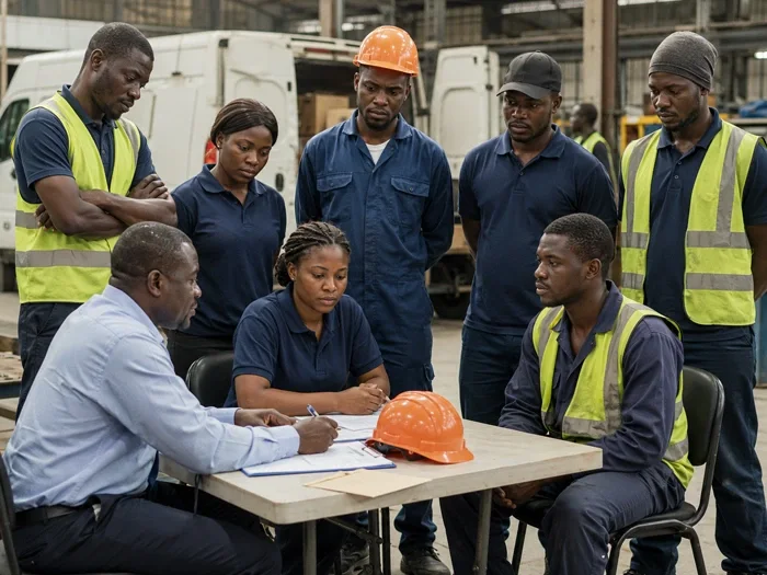 Factory workers in safety vests gather around a table for a meeting with a manager reviewing documents