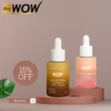 Two serum bottles on a stand with 15% off discount and green leaf