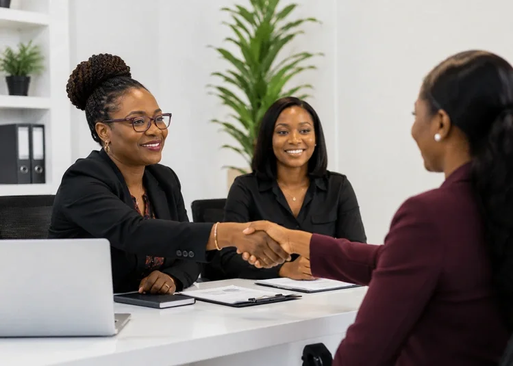 Three women shaking hands at a white office desk with documents and a laptop