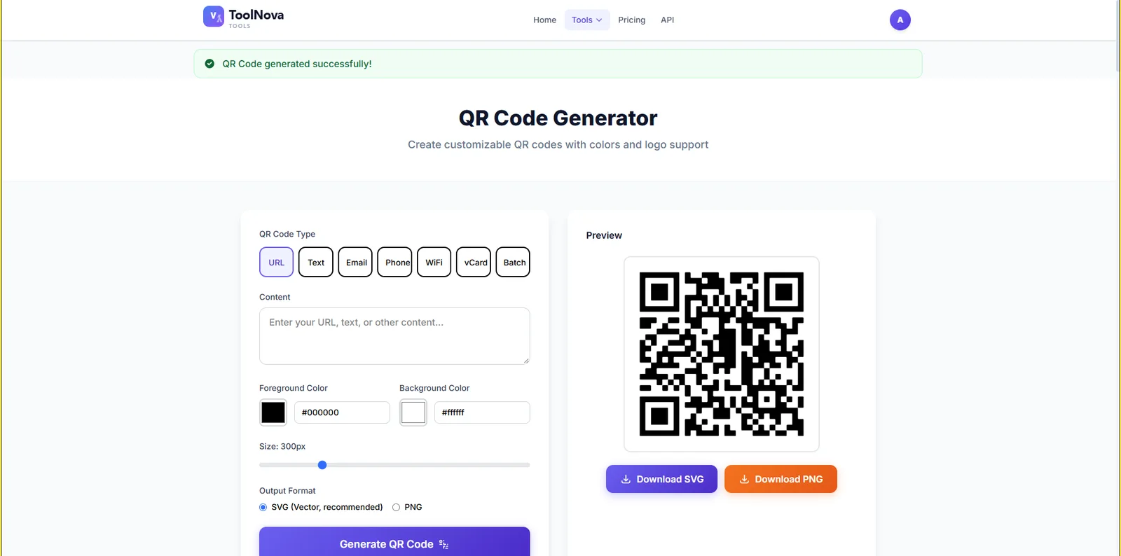 A screenshot of a web page showing a QR Code Generator tool with a generated QR code and download options