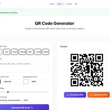 A screenshot of a web page showing a QR Code Generator tool with a generated QR code and download options