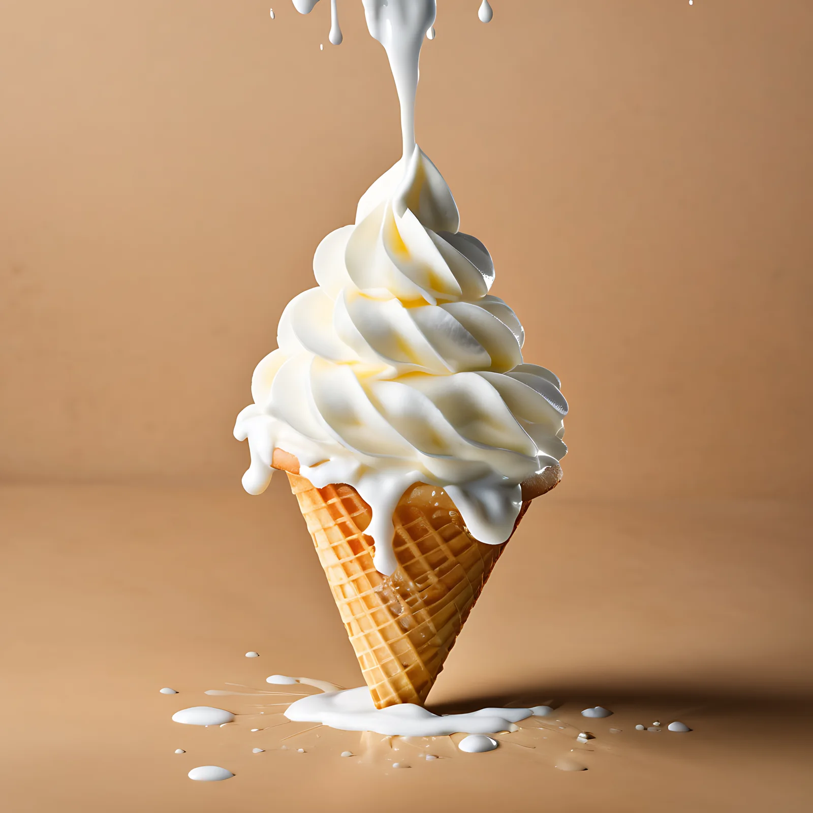 A creamy vanilla soft-serve ice cream swirl is melting and dripping from a waffle cone onto a beige surface