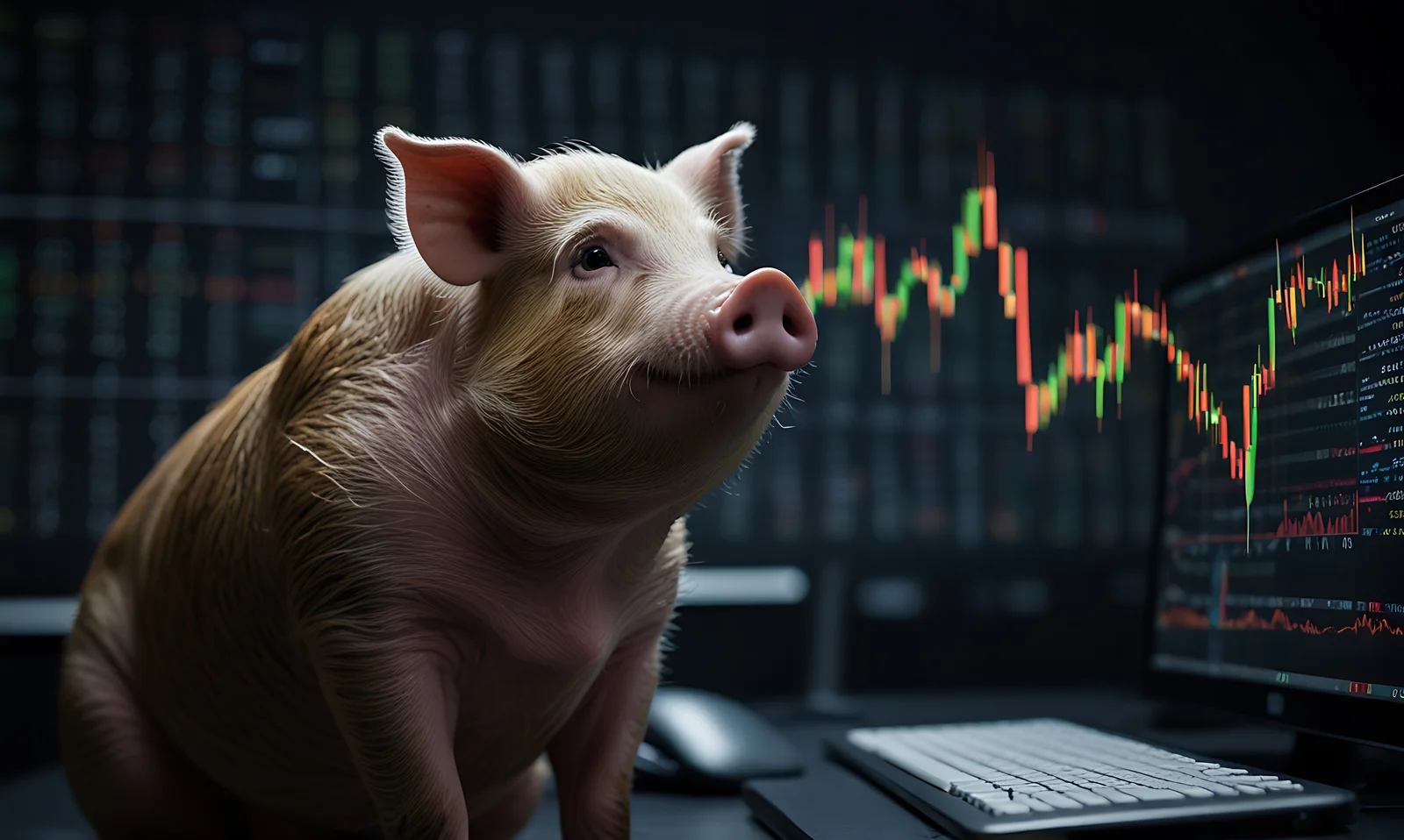 A pig is sitting at a desk in front of a computer monitor displaying financial charts