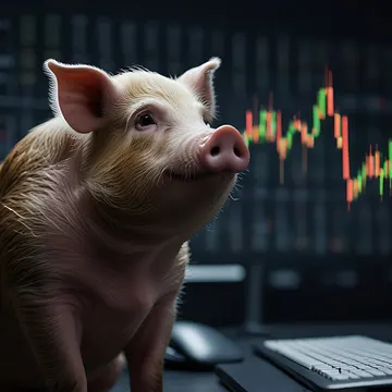 A pig is sitting at a desk in front of a computer monitor displaying financial charts