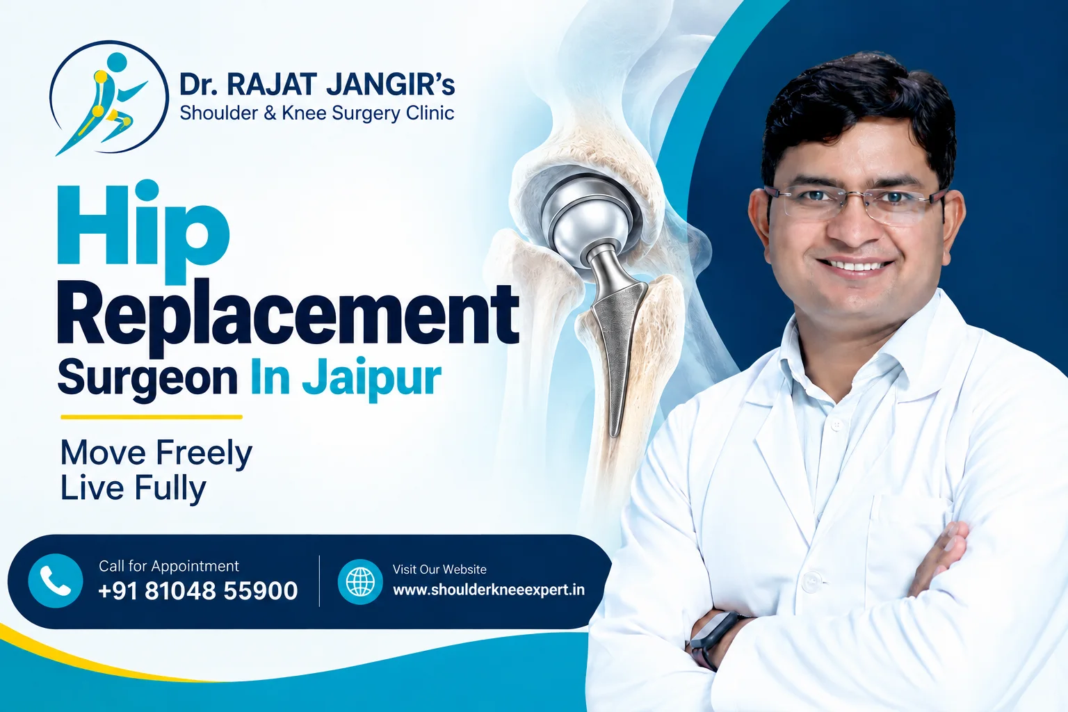 Doctor in white coat smiling with hip replacement surgery advertisement
