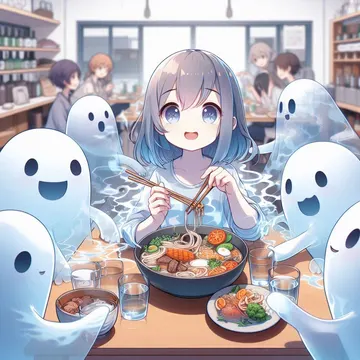 Anime girl with blue hair eats ramen with smiling ghost friends at a cafe table